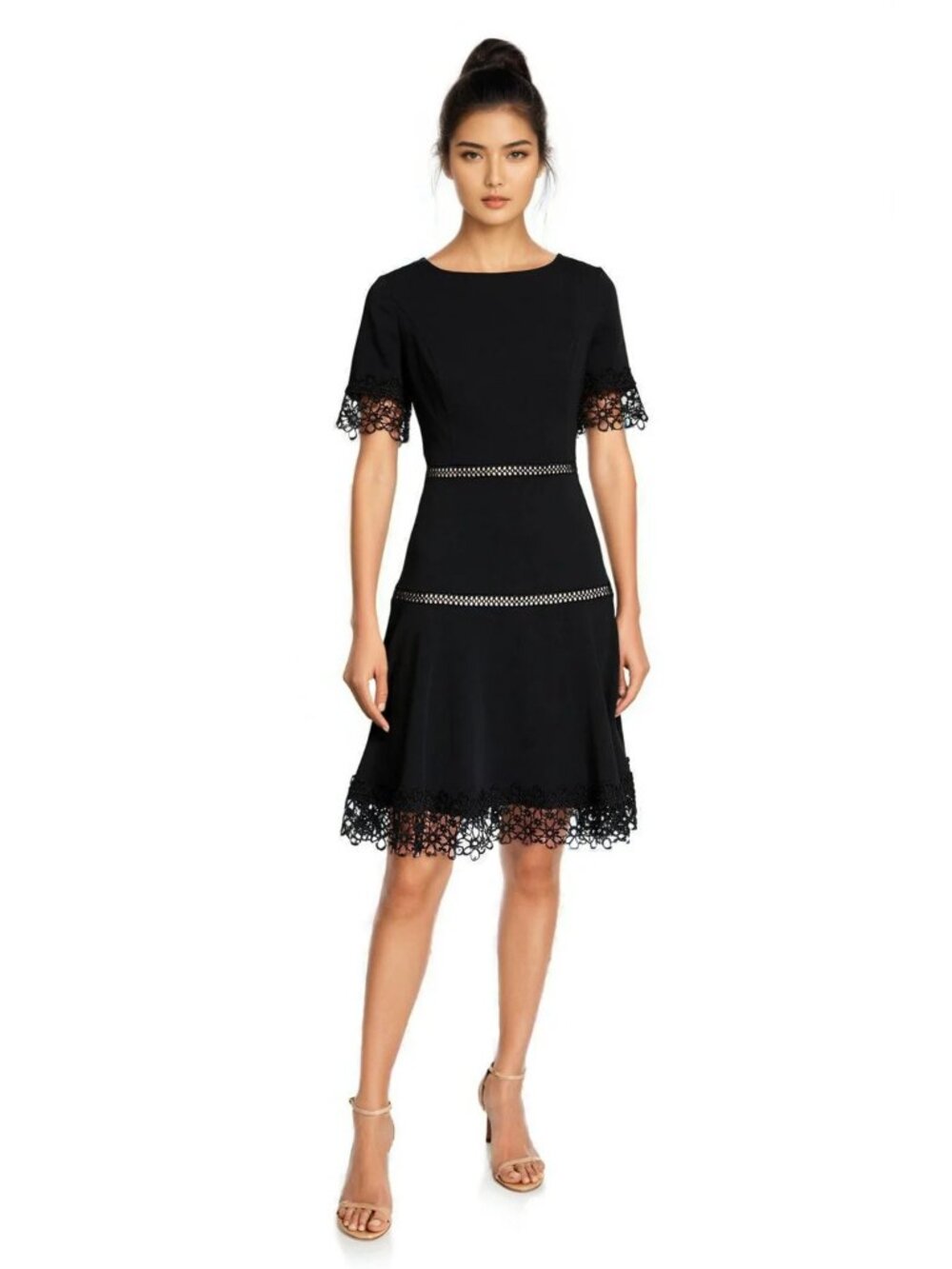 Shani Fit & Flare Dress Size 10 Lace Trim Crepe Short Sleeve Black Evening Wear